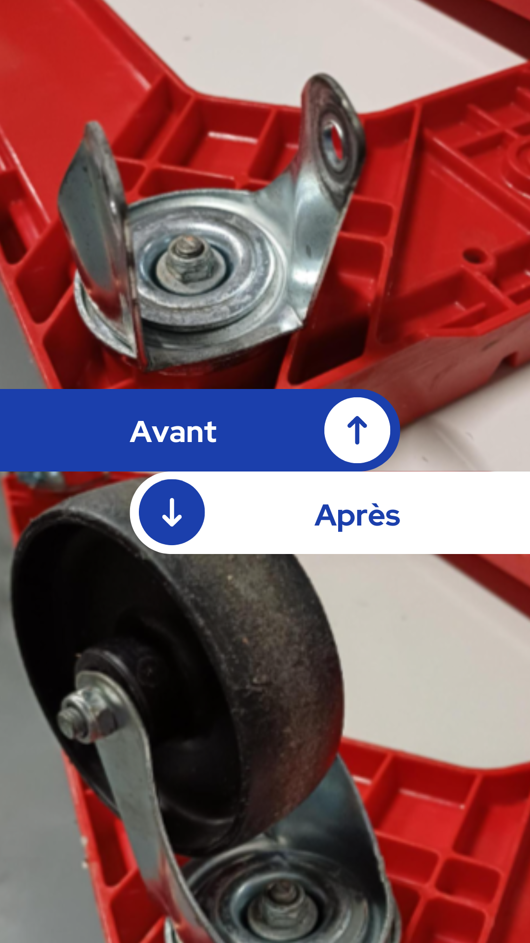 Remplacement de roue d’un dolly​ Usage : Transport et stockage de bacs gastronormes inox ​