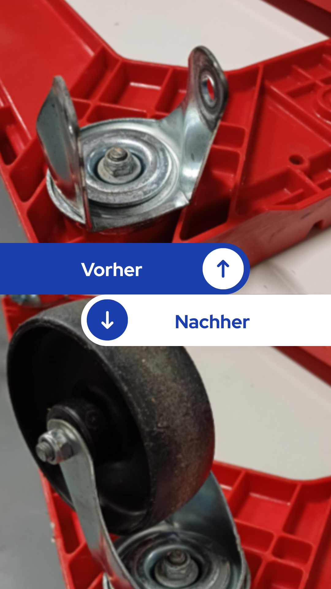 Austausch eines Rollwagenrades Verwendung: Transport und Lagerung von Gastronormbehältern aus Edelstahl