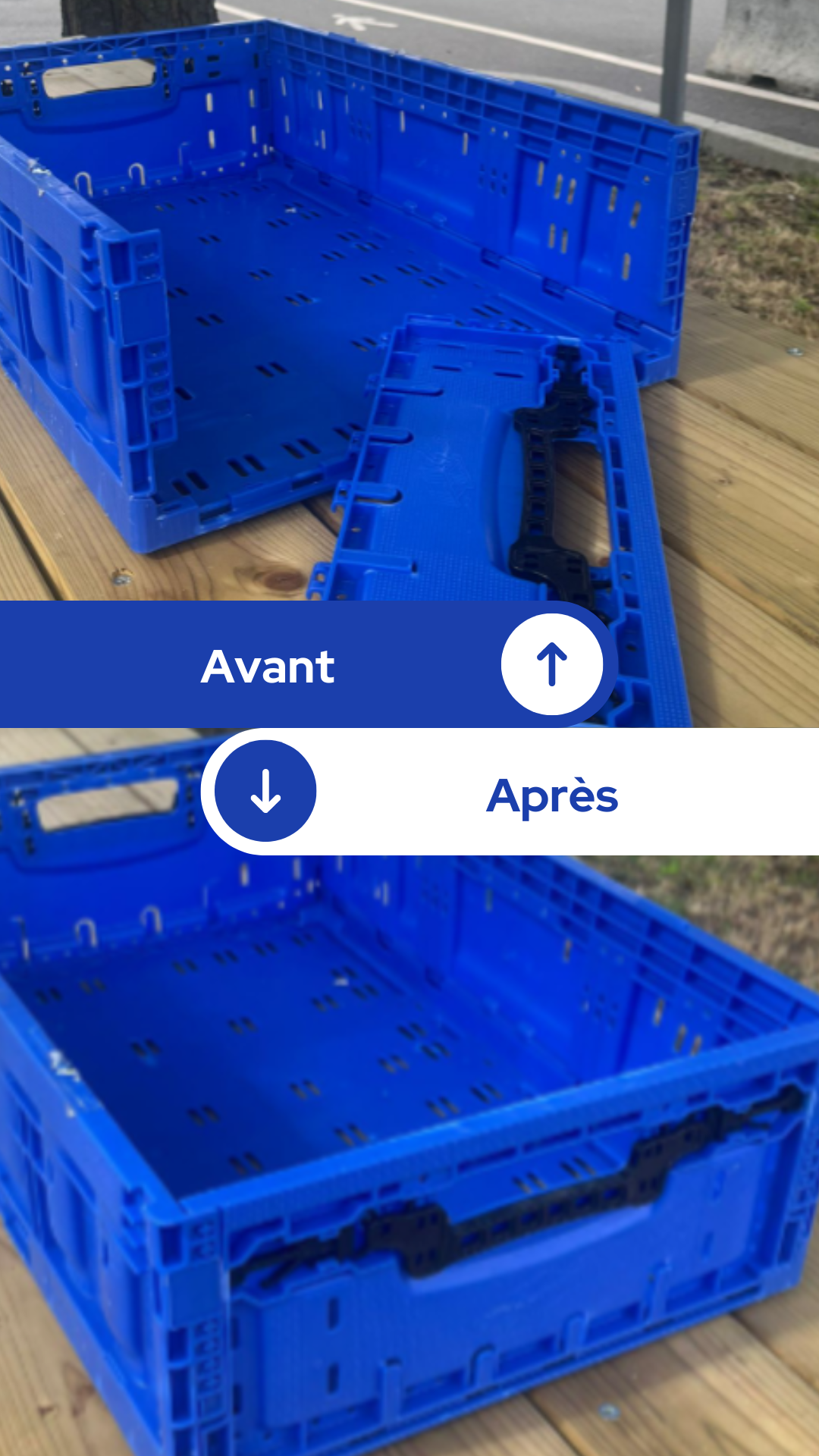 Refixation de porte sur une caisse​ Usage : Transport et stockage de produits emballés