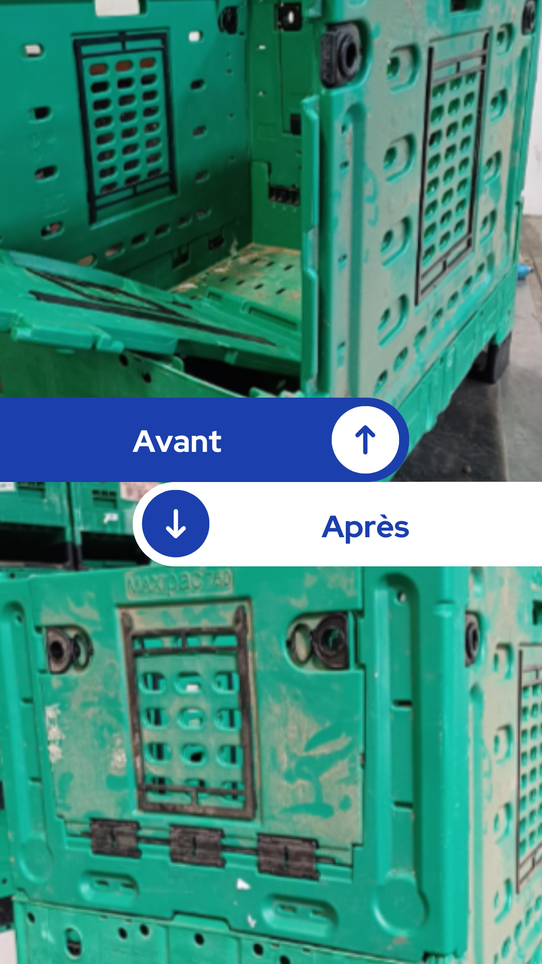 Refixation de porte sur une caisse-palette​ Usage : Transport et stockage de fruits &amp; légumes
