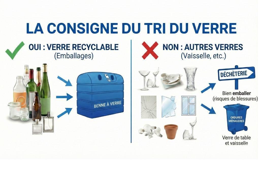 Seul le verre d'emballage peut être déposé dans les bennes à verre pour être recyclé
